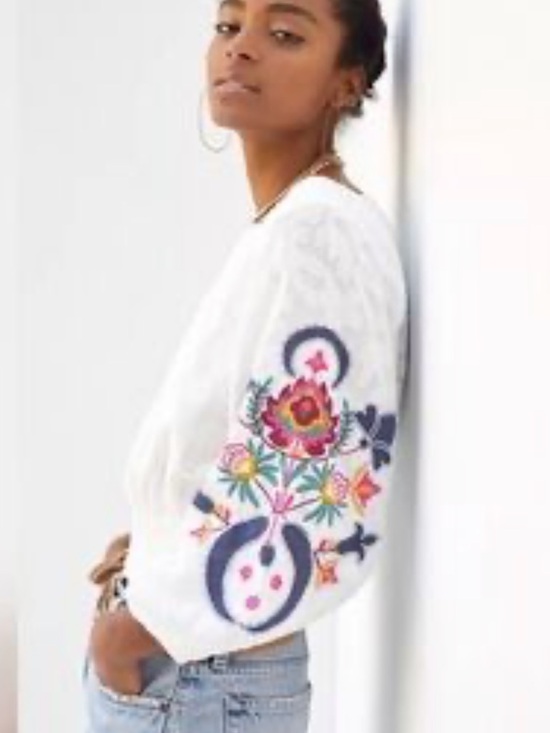 Anthropologie boho floral Embroidered Puff-Sleeve white Blouse top size S - Picture 2 of 8